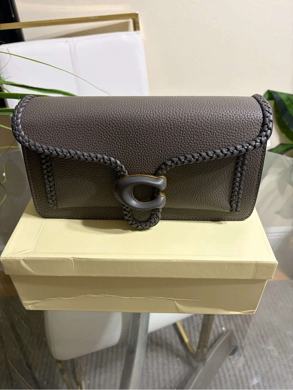 Braided Trim Pebbled Leather Clutch - Gray